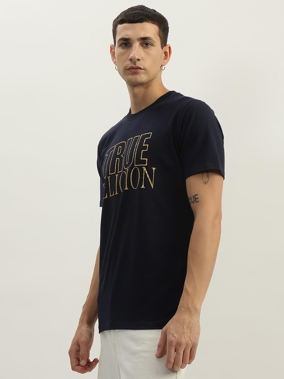 True Religion Men Navy Blue Printed Round Neck Short Sleeves Tshirt