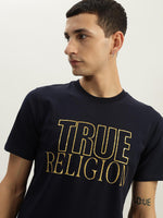 True Religion Men Navy Blue Printed Round Neck Short Sleeves Tshirt