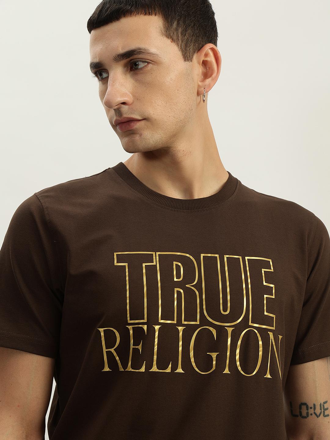 True Religion Men Brown Printed Round Neck Short Sleeves Tshirt