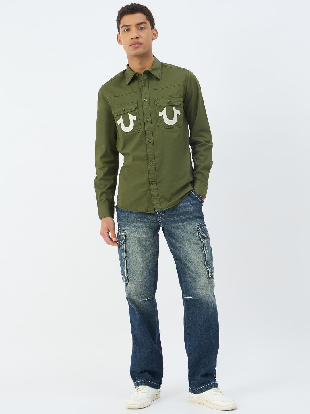 True Religion Men Green Solid Collar Shirt