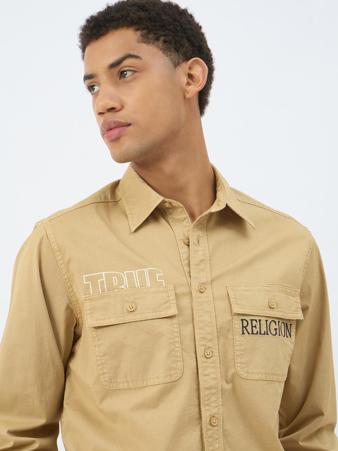 True Religion Men Beige Solid Collar Shirt