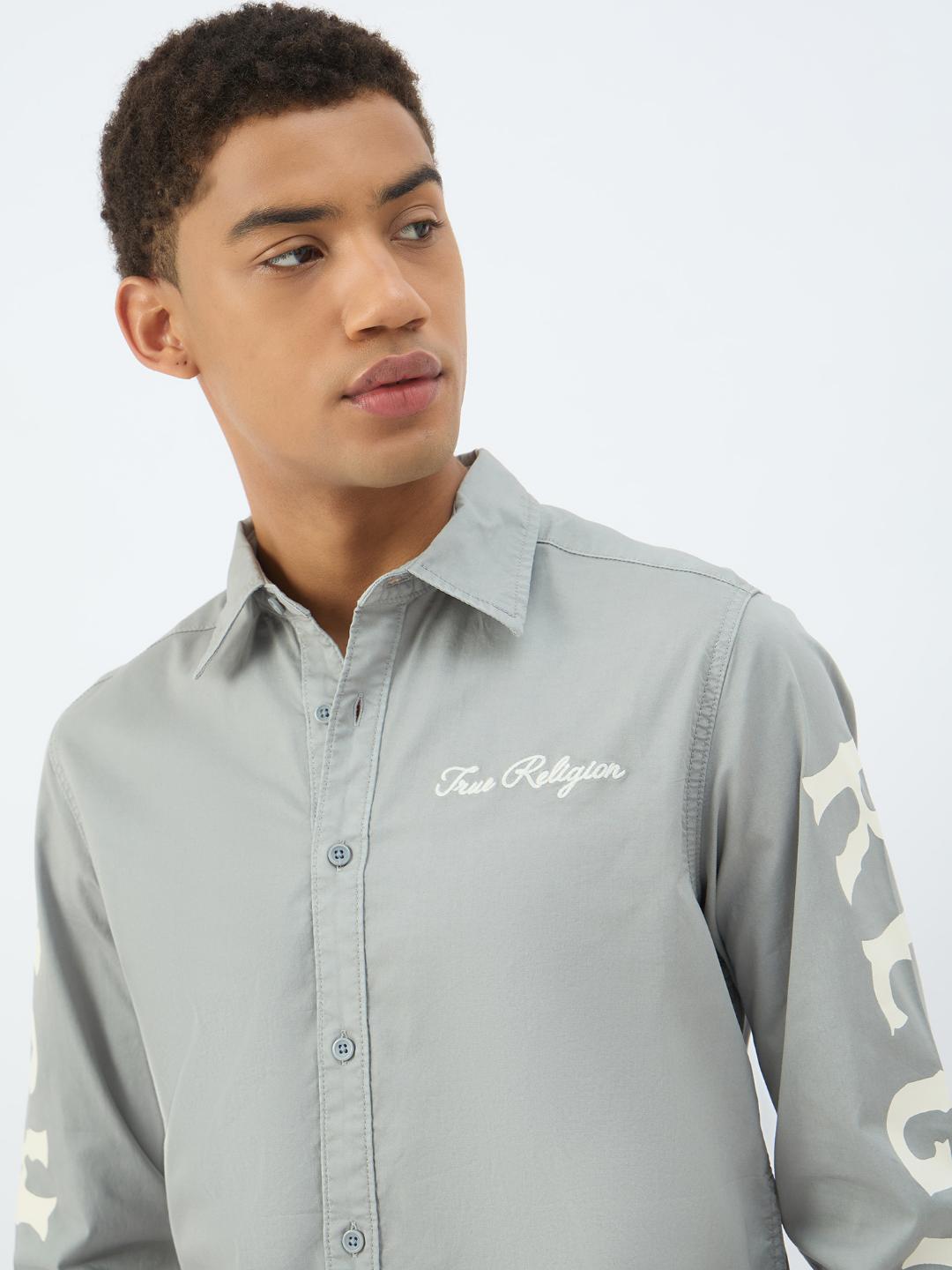 True Religion Men Grey Solid Collar Shirt