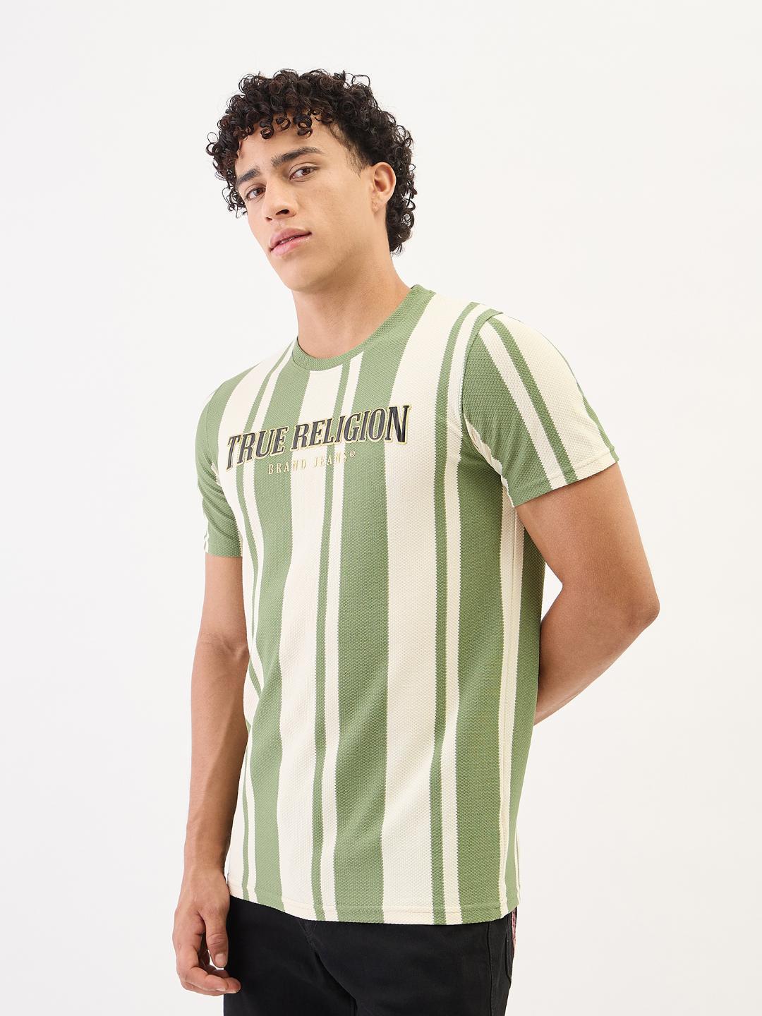 True Religion Men Green Striped Round Neck Tshirt