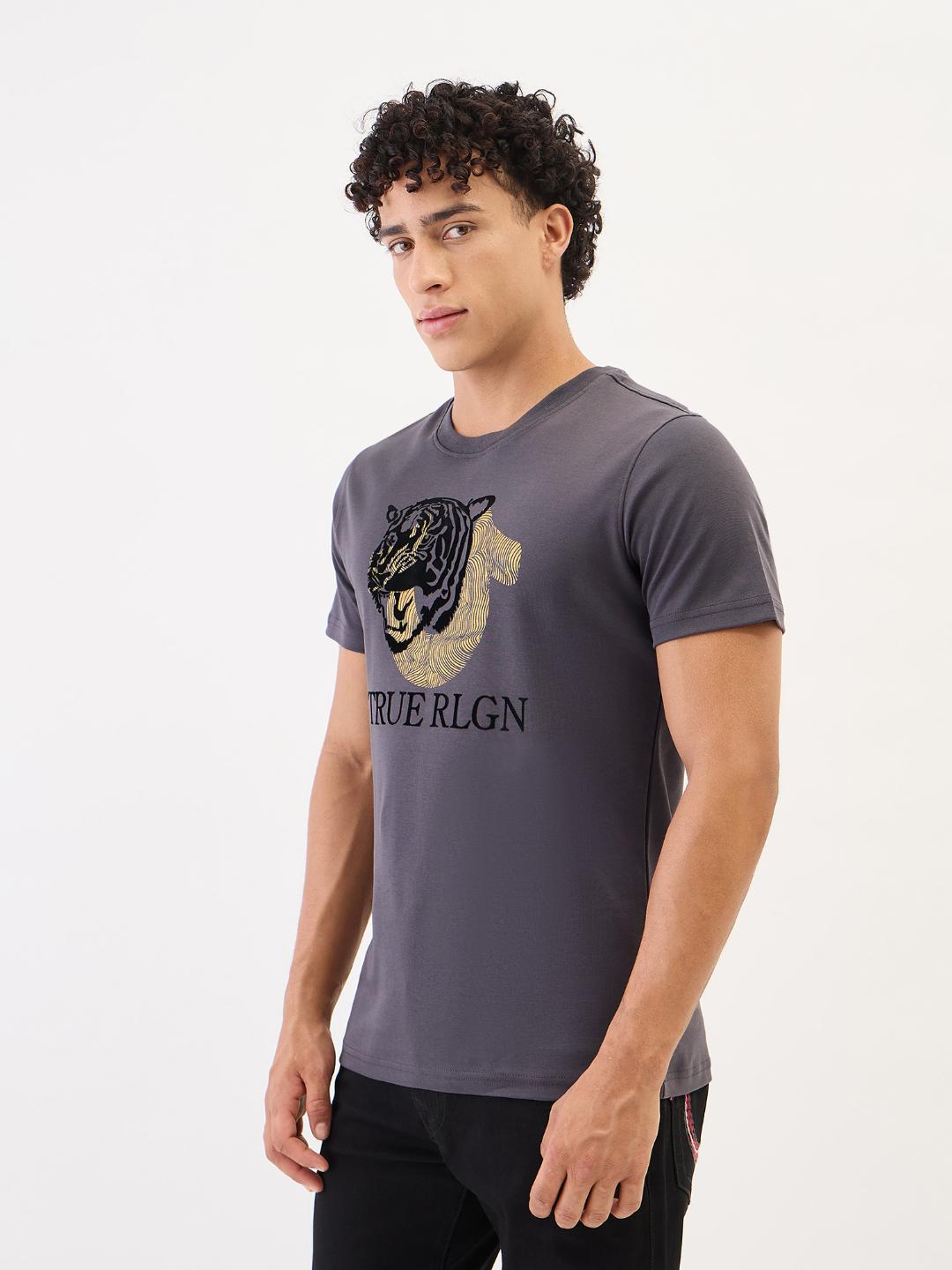 True Religion Men Grey Solid Round Neck Tshirt