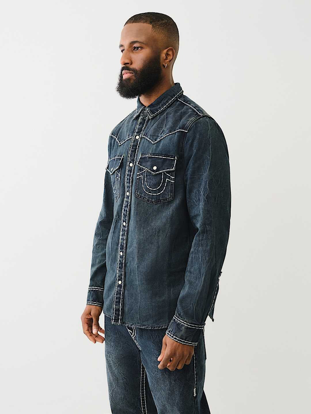 True Religion Men Blue Classic Point Collar Full Sleeves Contrast Stitching Denim Shirt