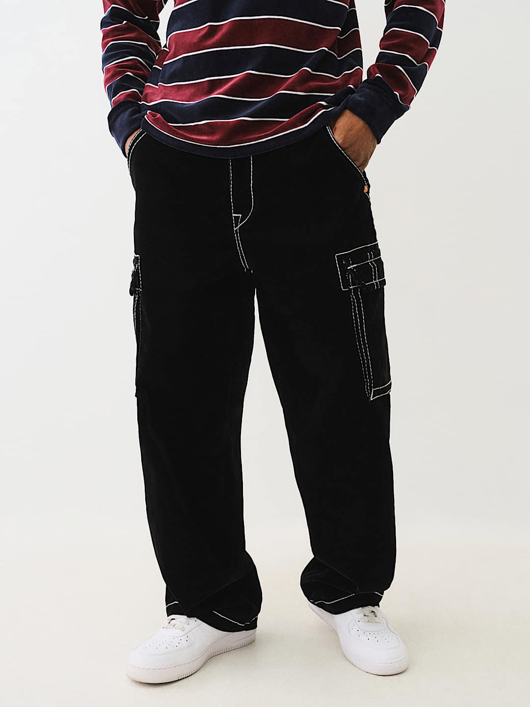 True Religion Men Black Mid Rise Oversize Contrast Stitching Velvet Cargo Trouser