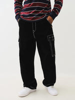 True Religion Men Black Mid Rise Oversize Contrast Stitching Velvet Cargo Trouser