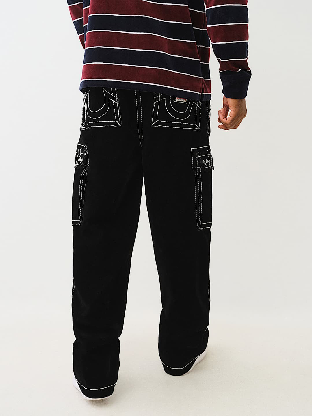 True Religion Men Black Mid Rise Oversize Contrast Stitching Velvet Cargo Trouser