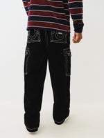 True Religion Men Black Mid Rise Oversize Contrast Stitching Velvet Cargo Trouser