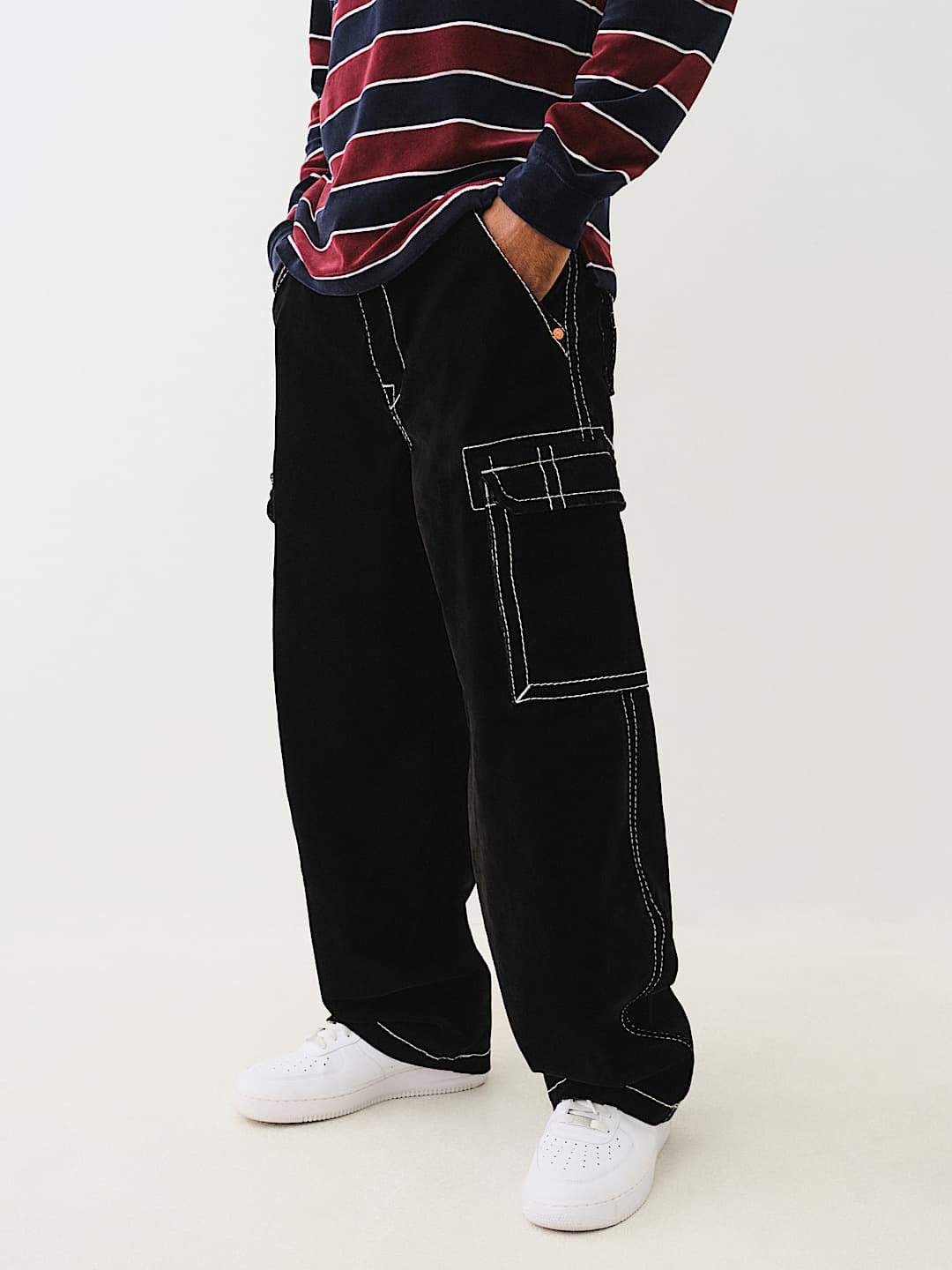 True Religion Men Black Mid Rise Oversize Contrast Stitching Velvet Cargo Trouser