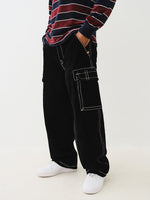 True Religion Men Black Mid Rise Oversize Contrast Stitching Velvet Cargo Trouser