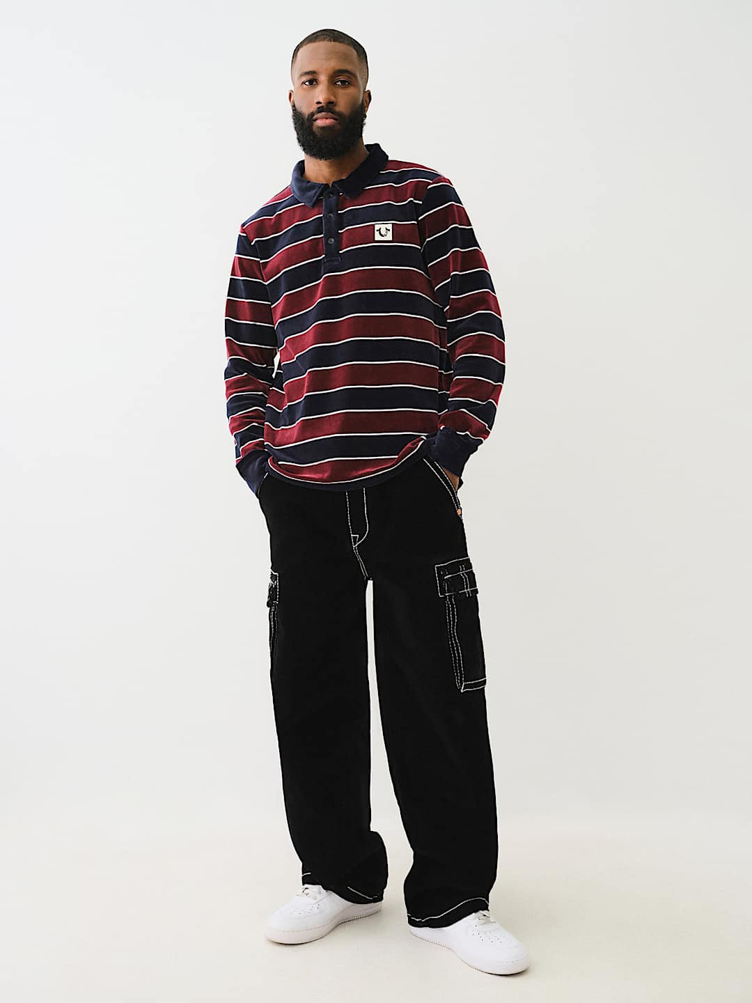 True Religion Men Black Mid Rise Oversize Contrast Stitching Velvet Cargo Trouser