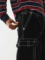 True Religion Men Black Mid Rise Oversize Contrast Stitching Velvet Cargo Trouser