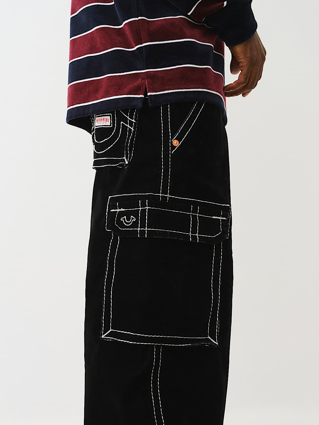 True Religion Men Black Mid Rise Oversize Contrast Stitching Velvet Cargo Trouser