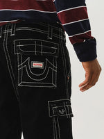 True Religion Men Black Mid Rise Oversize Contrast Stitching Velvet Cargo Trouser