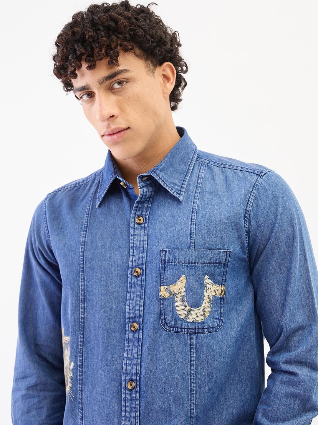 True Religion Men Blue Solid Collar Shirt