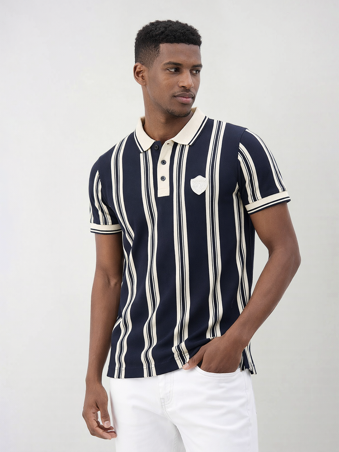 True Religion Men Navy Blue Striped Regular Fit Polo T-Shirt