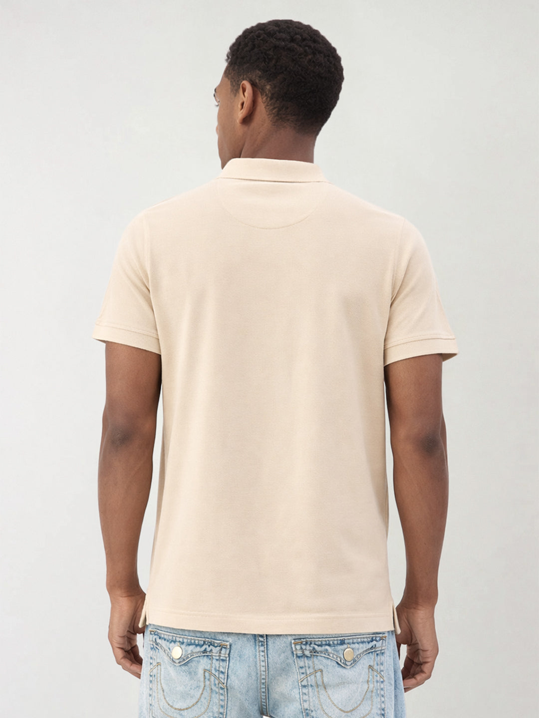 True Religion Men Beige Solid Regular Fit Pure Cotton Polo T-Shirt