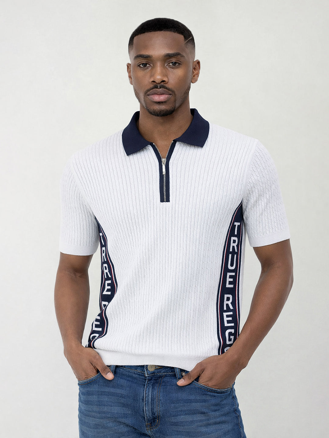 True Religion Men White Solid Regular Fit Pure Cotton Polo T-Shirt