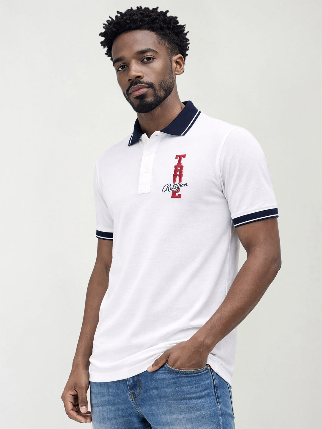 True Religion Men White Solid Regular Fit Pure Cotton Polo T-Shirt