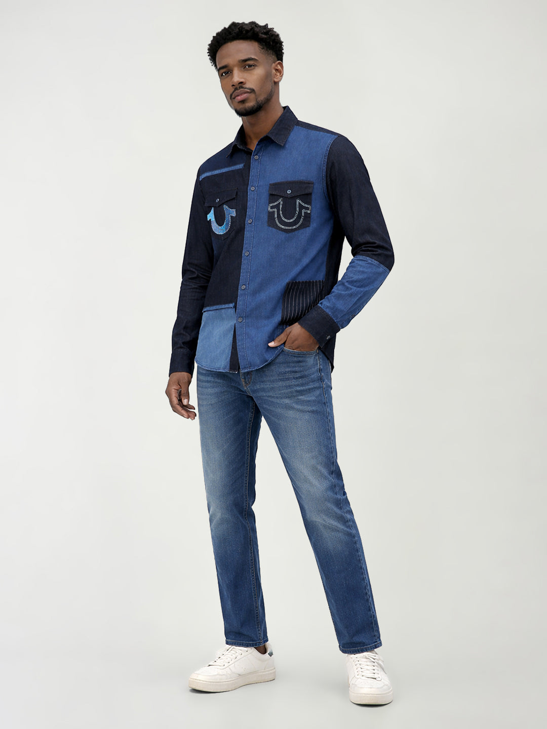 True Religion Men Blue Colorblock Regular Fit Pure Cotton Shirt