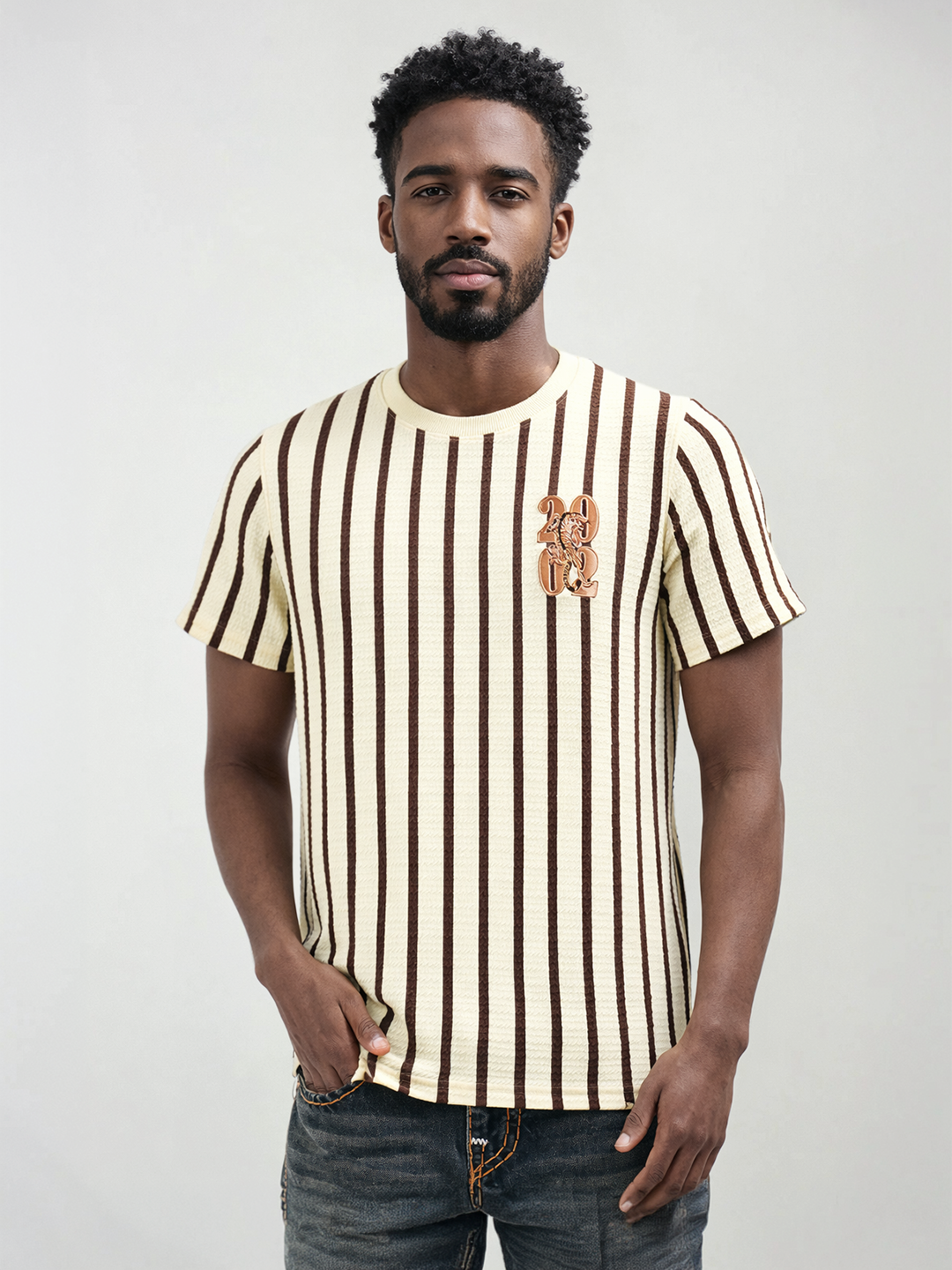 True Religion Men Beige Striped Regular Fit T-Shirt