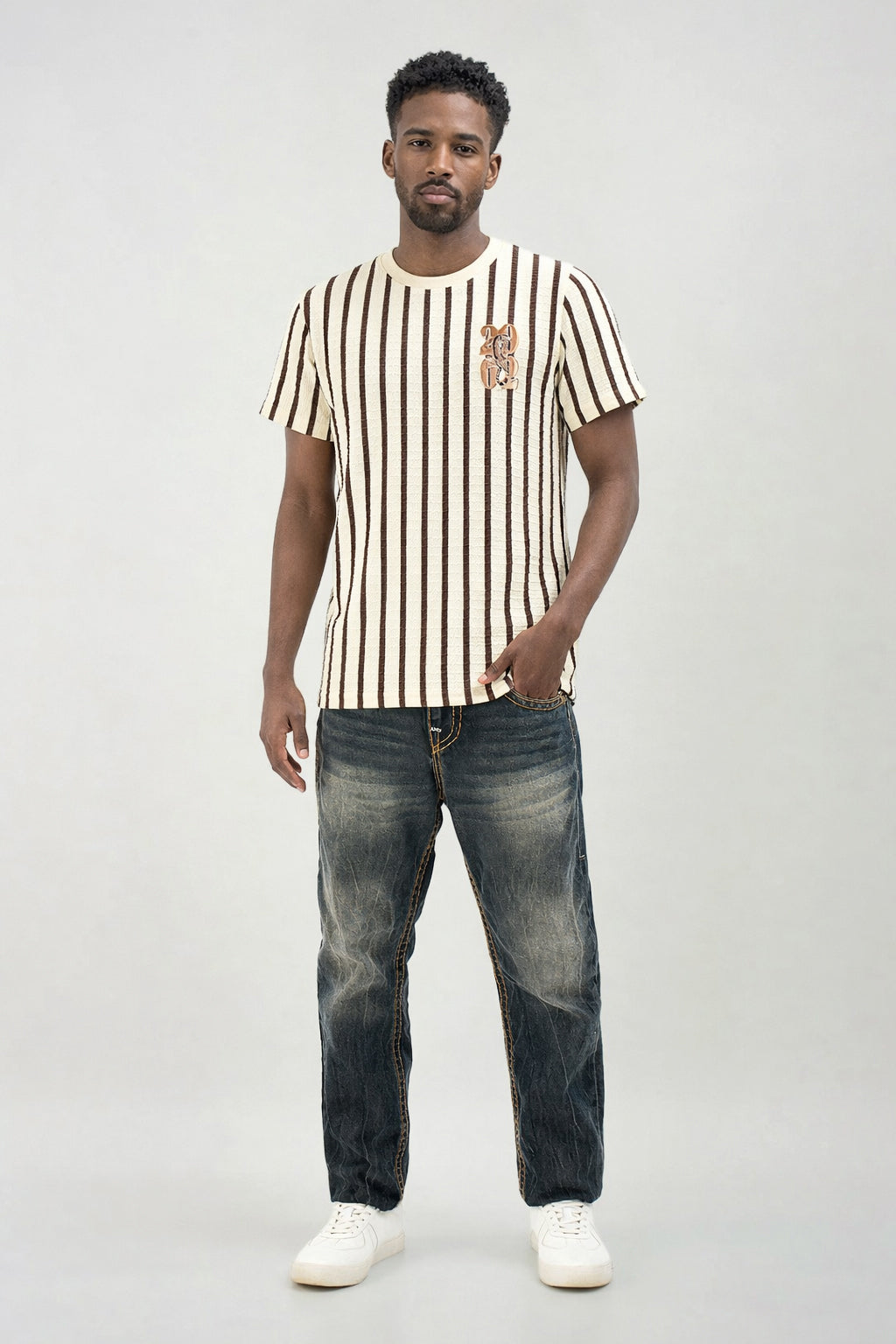 True Religion Men Beige Striped Regular Fit T-Shirt
