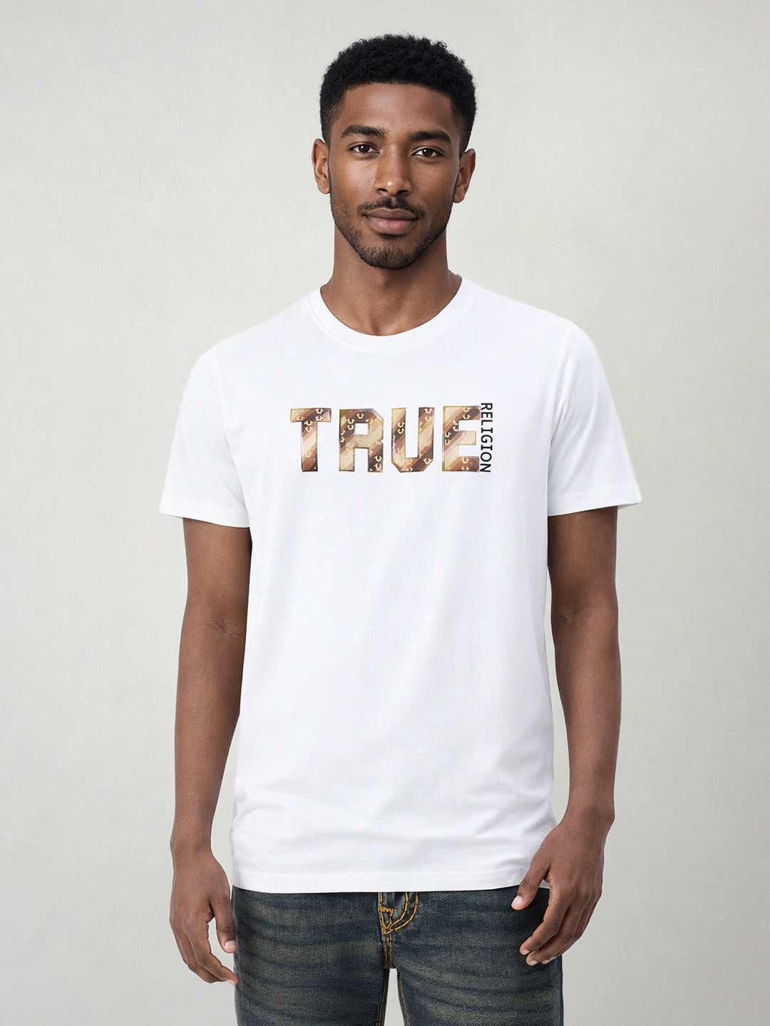 True Religion Men White Solid Regular Fit Pure Cotton T-Shirt