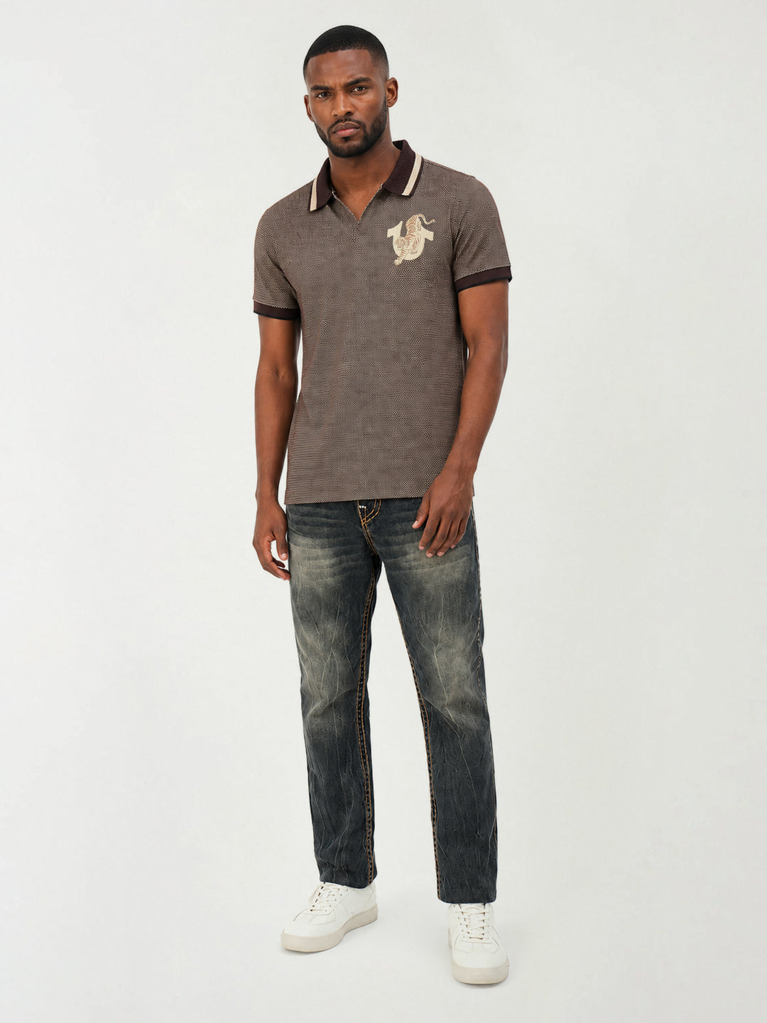 True Religion Men Brown Woven Design Regular Fit Polo T-Shirt