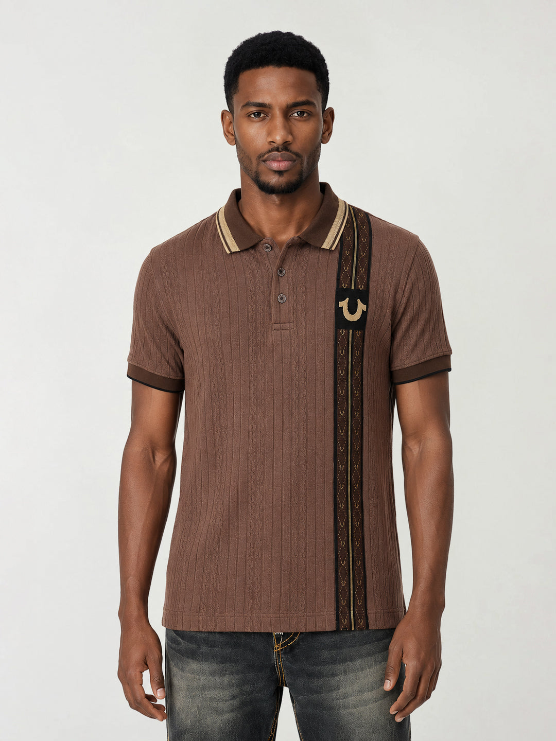 True Religion Men Brown Woven Design Regular Fit Polo T-Shirt