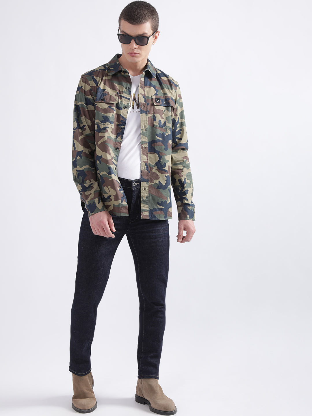 True Religion Multi Camo Printed Triple Needle Regular Fit Shirt
