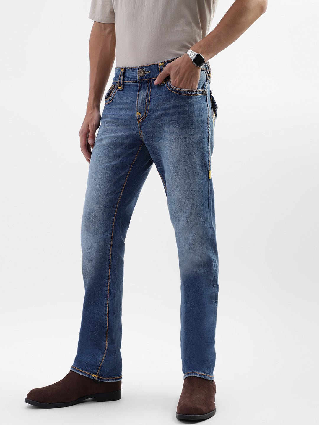 True Religion Men Blue Washed Straight Fit Jeans