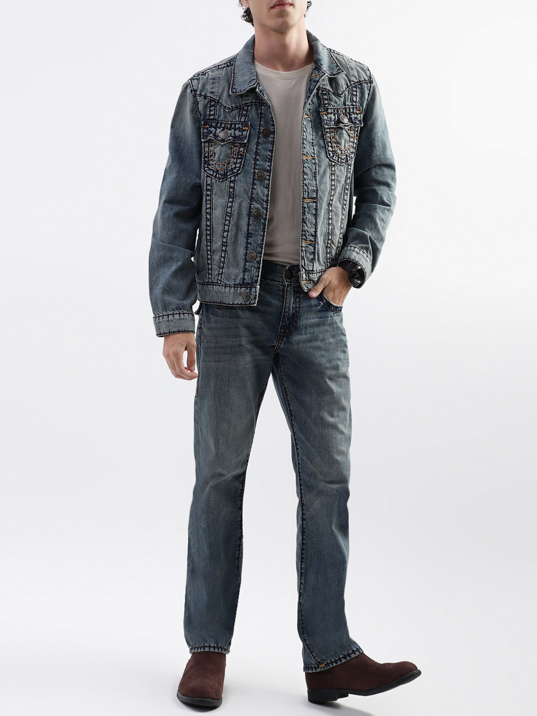 True Religion Men Blue Washed Straight Fit Jeans