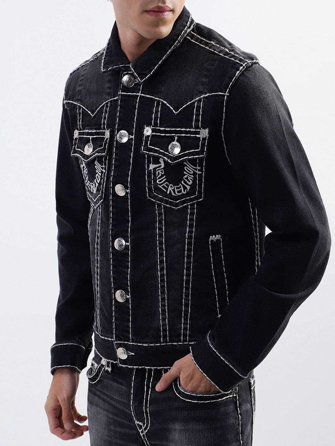 True Religion Men Black Printed Collar Jacket