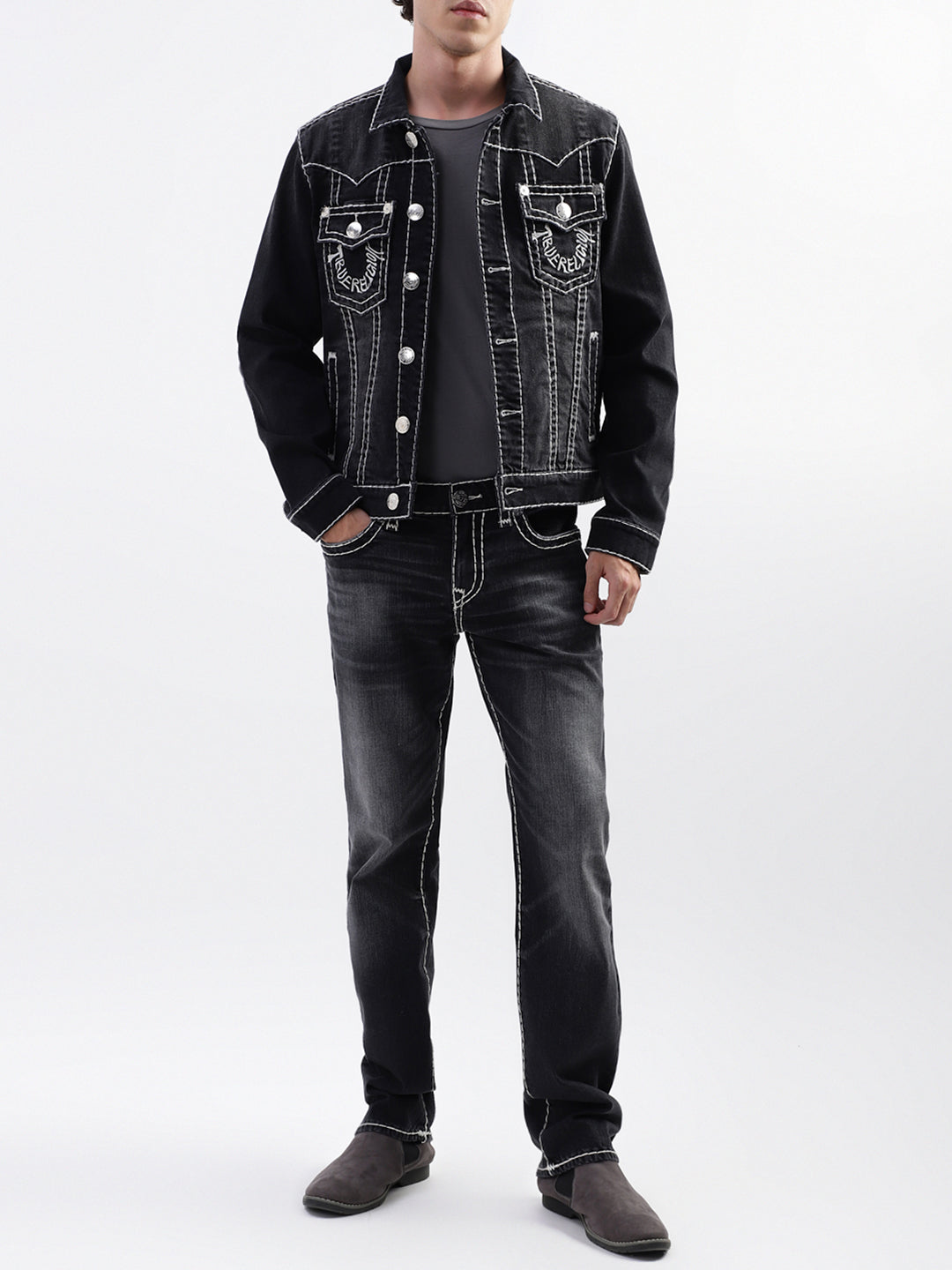 True Religion Men Black Printed Collar Jacket