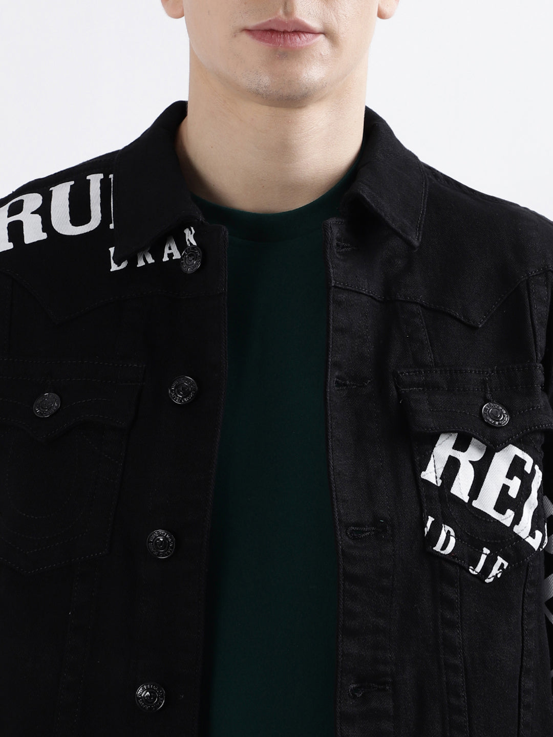 True Religion Men Black Printed Full Sleeves Collar Jacket