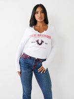 True Religion Women White Printed Round Neck Full Sleeves Tshirt