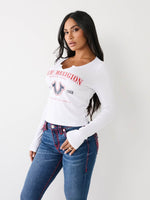 True Religion Women White Printed Round Neck Full Sleeves Tshirt