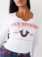 True Religion Women White Printed Round Neck Full Sleeves Tshirt