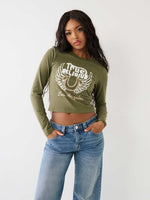 True Religion Women Green Printed Round Neck Full Sleeves Tshirt