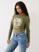 True Religion Women Green Printed Round Neck Full Sleeves Tshirt