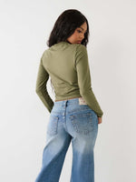 True Religion Women Green Printed Round Neck Full Sleeves Tshirt