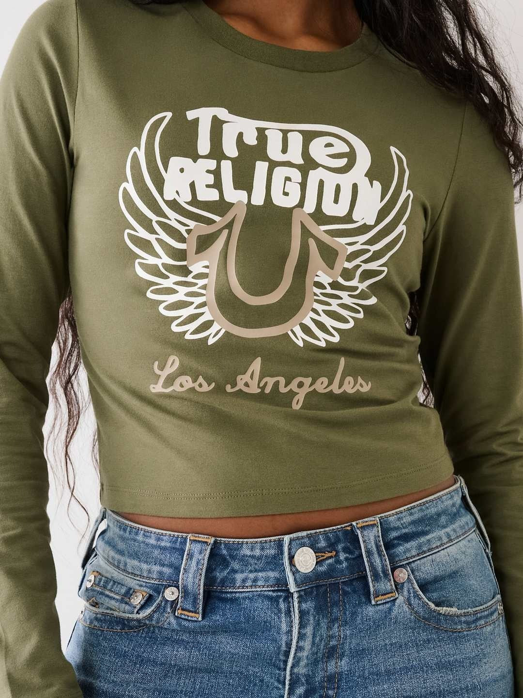 True Religion Women Green Printed Round Neck Full Sleeves Tshirt