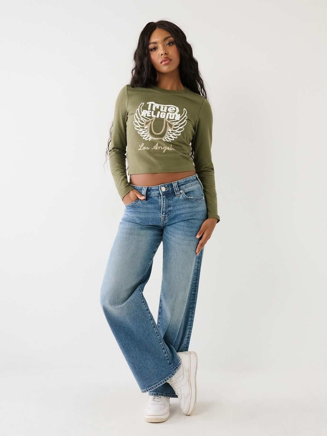 True Religion Women Green Printed Round Neck Full Sleeves Tshirt