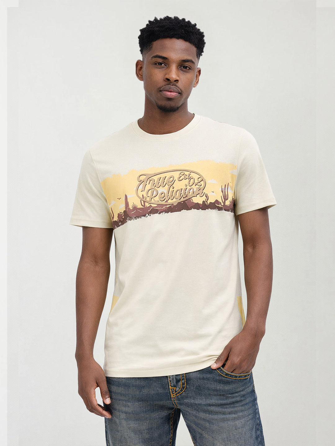 Men beige printed regular fit t-shirt