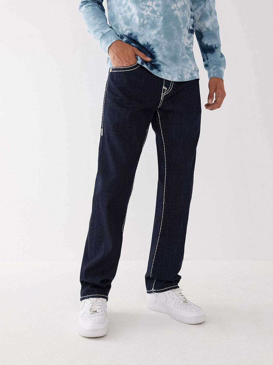 True Religion Men Blue Straight Fit Washed Super T Ricky Jeans