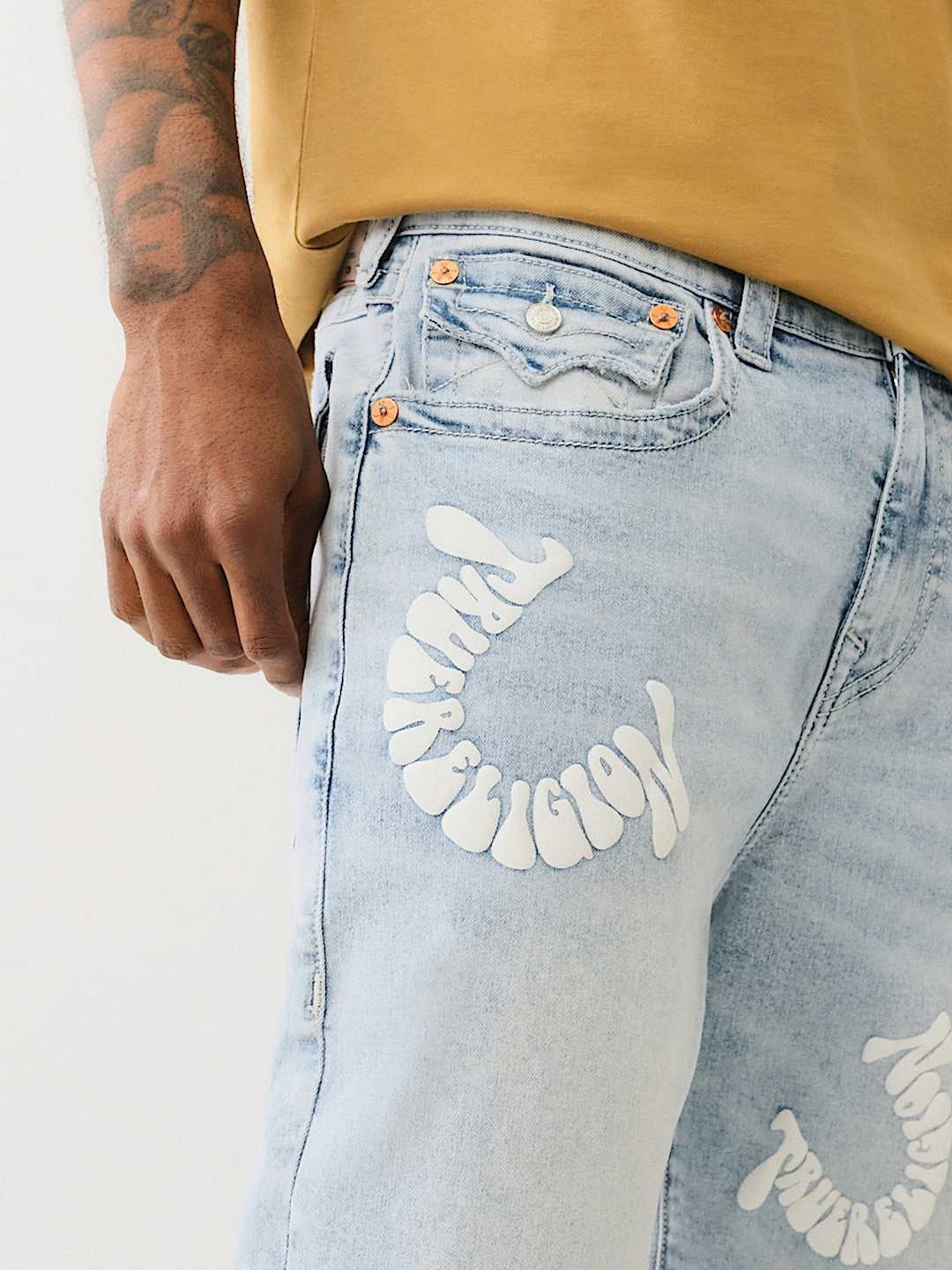 True Religion Men Blue Oversize Straight Fit Washed Jeans