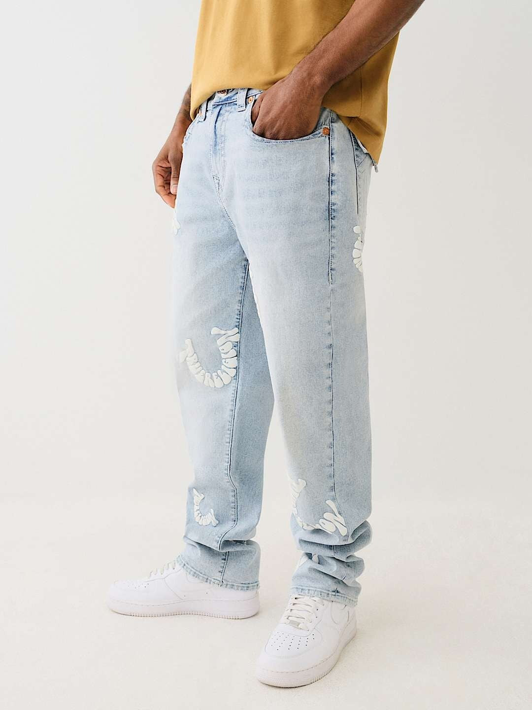 True Religion Men Blue Oversize Straight Fit Washed Jeans