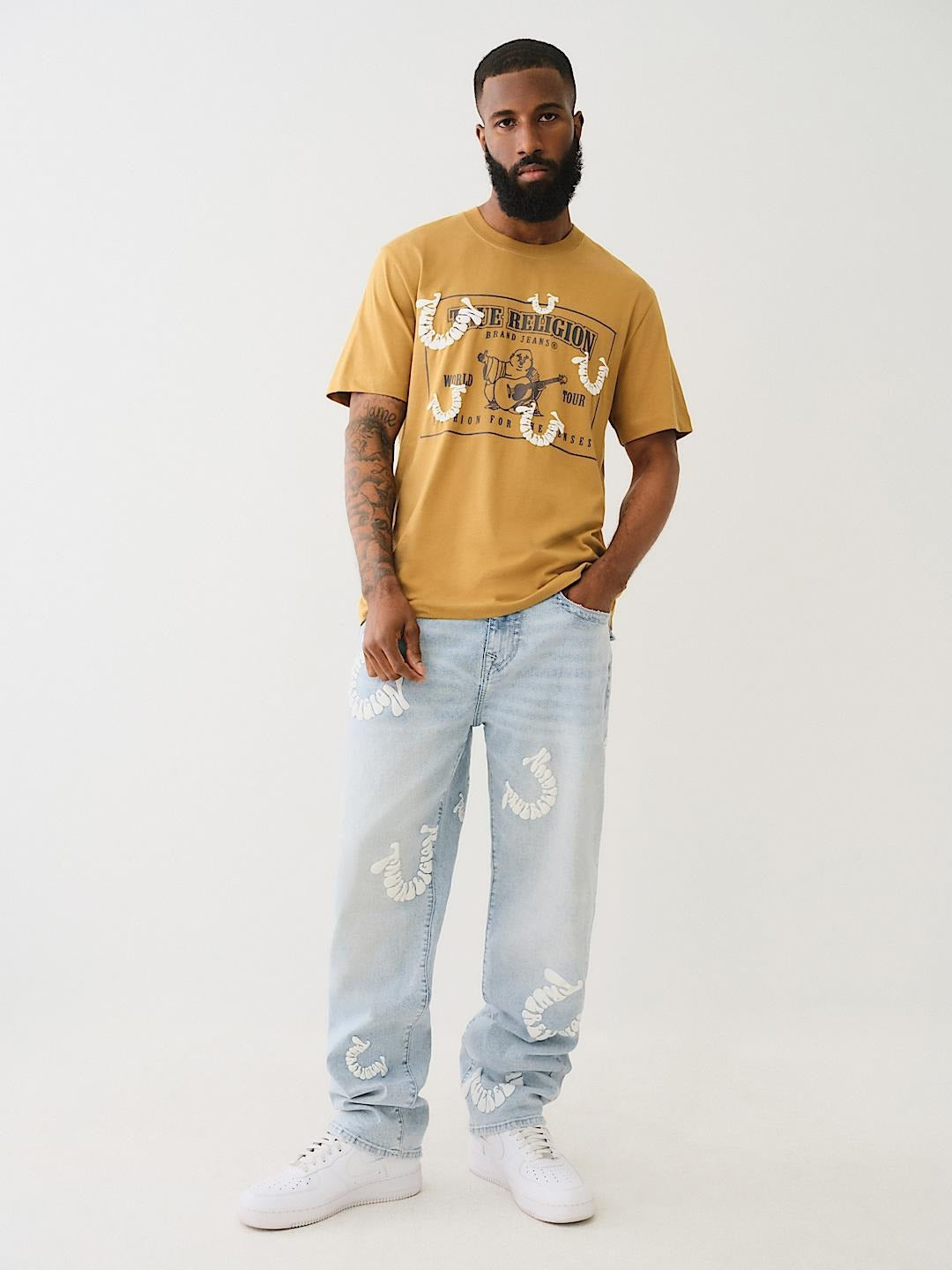 True Religion Men Blue Oversize Straight Fit Washed Jeans