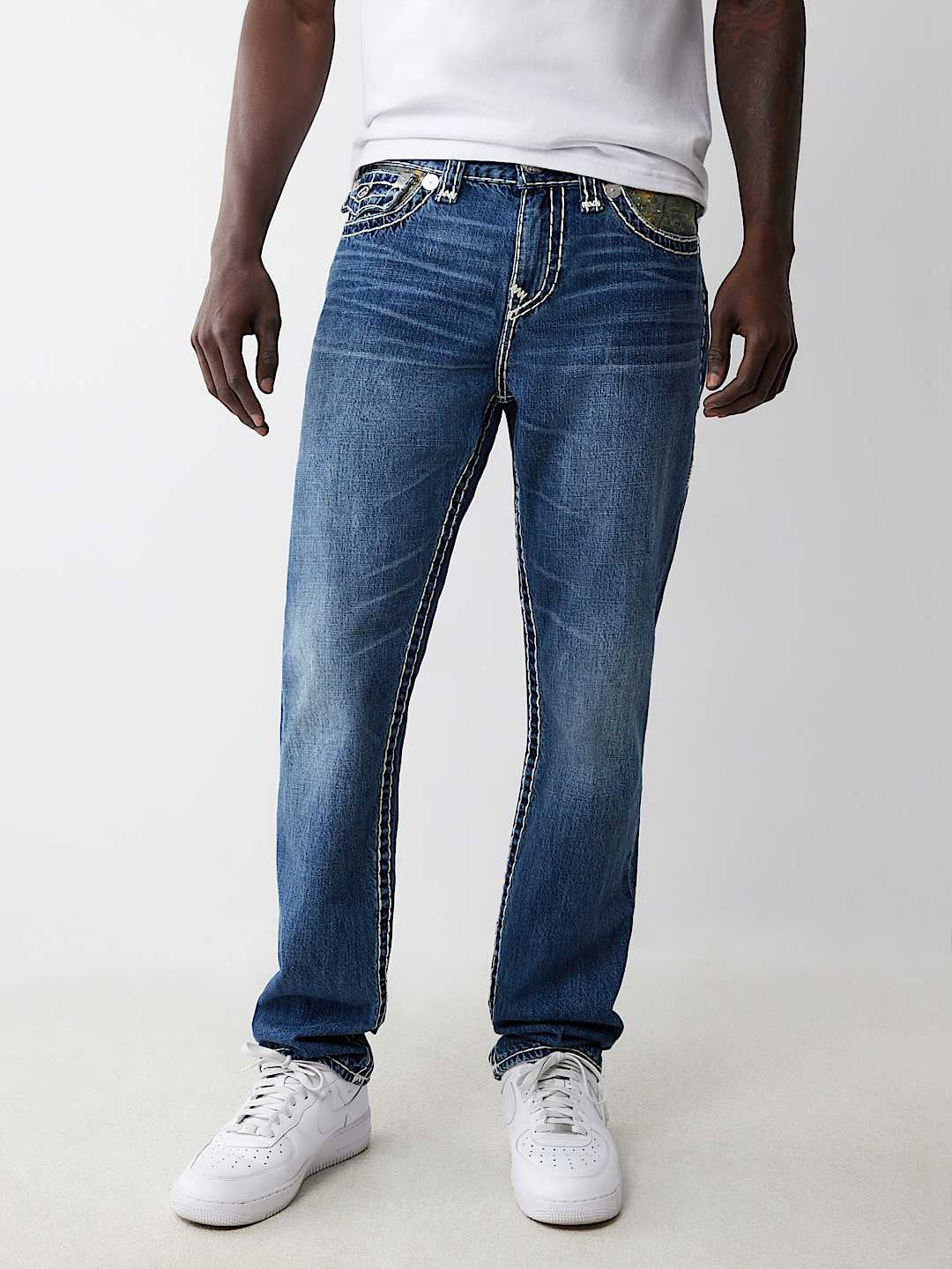 True Religion Men Blue Straight Fit Washed Jeans